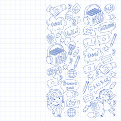 Dialog clouds with HELLO Vector pattern for language class, online courses. English, arabic, italian, japanese, spanish, chinese, german.