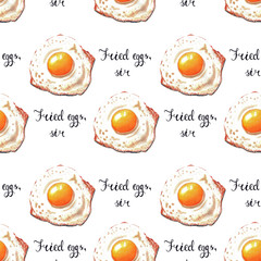 Seamless pattern with fried eggs and lettering on white background. Watercolor hand drawn illustration