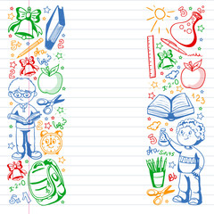 Back to School. Vector pattern with icons and children.