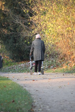 Eine alte Dame geht mit ihrem Rolator schiebend durch den Park