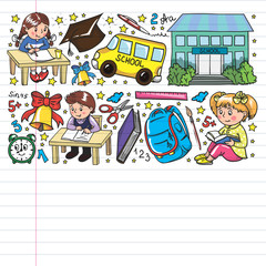 Back to School. Vector pattern with icons and children.