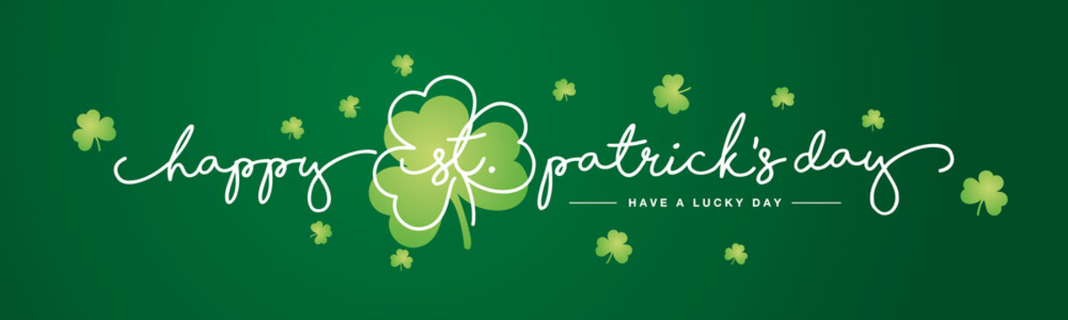 Happy St Patrick's Day handwritten typography lettering line design with clovers green background banner