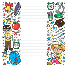 Back to School. Vector pattern with icons and children.