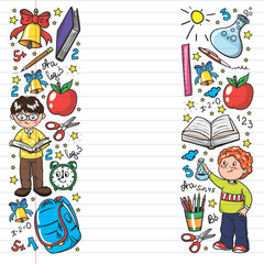 Obraz premium Back to School. Vector pattern with icons and children.