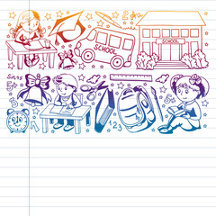 Back to School. Vector pattern with icons and children.