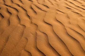 Fototapeta na wymiar Red and yellow Sands in the RUB al-Khali desert . The texture of sand dunes in the desert is yellow and orange. Waves of sand