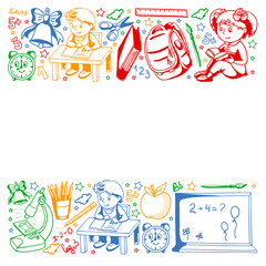 Back to School. Vector pattern with icons and children.