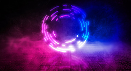 Dark street, room, night city, neon light. Old brick wall texture. Night view. Dark abstract background.