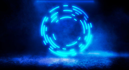 Dark street, room, night city, neon light. Old brick wall texture. Night view. Dark abstract background.