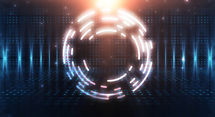 Dark futuristic scene with a geometric figure cyber circle in the center. Neon abstract background, futuristic landscape.