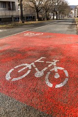 Marking of cycle path on asphalt road - city of Brno Czech Republic. Cycling trail. Ecological transport.