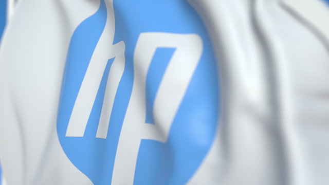Waving flag with HP Inc. logo, close-up. Editorial 3D rendering
