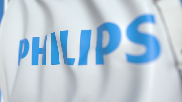 Waving flag with Koninklijke Philips N.V. logo, close-up. Editorial 3D rendering