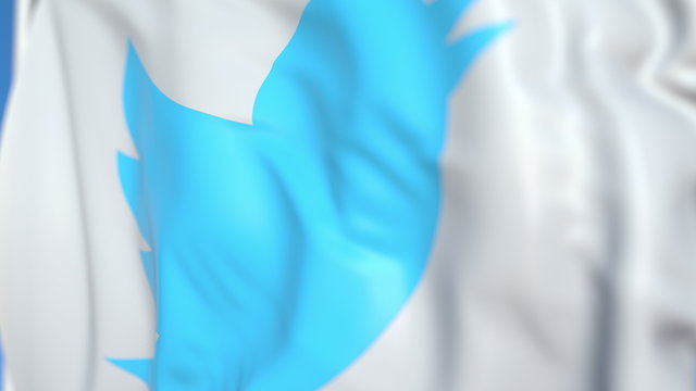 Waving flag with Twitter, Inc. logo, close-up. Editorial 3D rendering