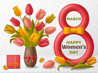 Cute Happy Womens Day background with figure eight and bouquet of tulips