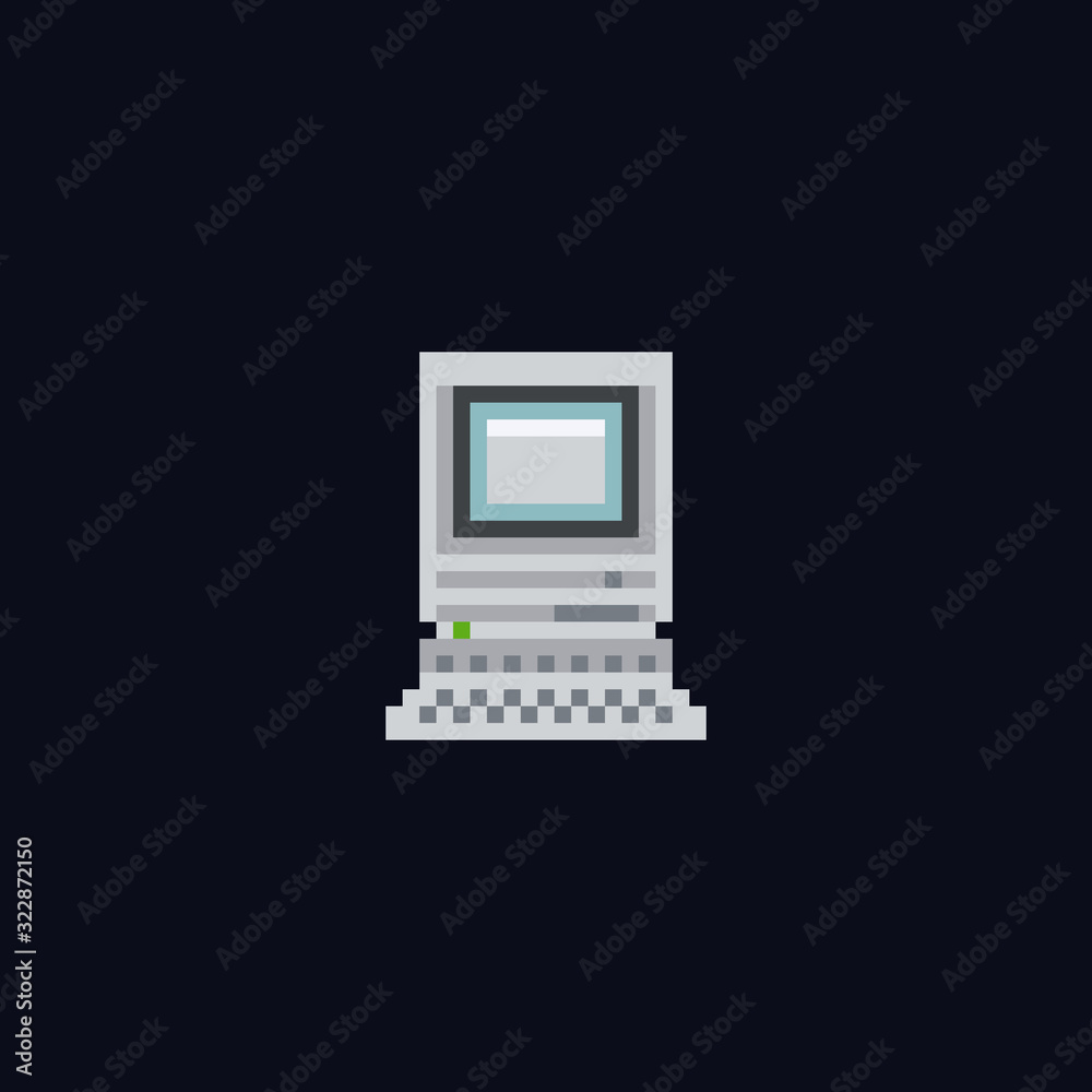 Poster Retro personal computer with opetating system window on the screen, computer case and keyboard vintage vector illustration, isolated icon