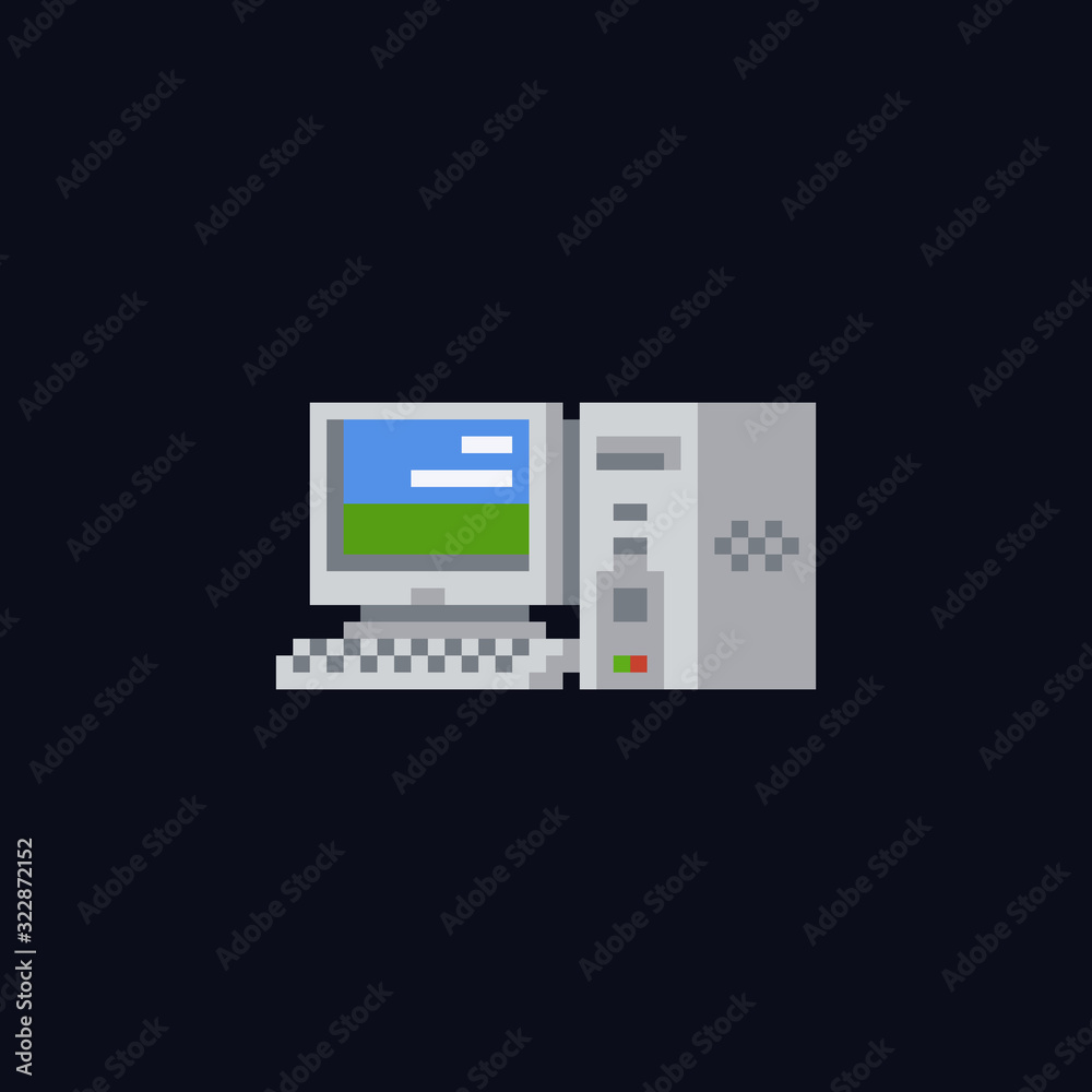 Poster retro personal computer with colorful background on the screen, computer case and keyboard vintage v