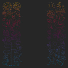 Set of summer icons with children. Kids swim with swimming mask and flippers, inflatable ring, sunbathe on the beach, take photos.