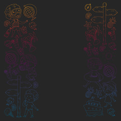 Set of summer icons with children. Kids swim with swimming mask and flippers, inflatable ring, sunbathe on the beach, take photos.