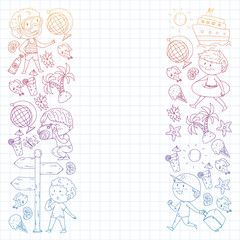 Set of summer icons with children. Kids swim with swimming mask and flippers, inflatable ring, sunbathe on the beach, take photos.