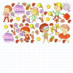 Set of summer icons with children. Kids swim with swimming mask and flippers, inflatable ring, sunbathe on the beach, take photos.