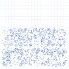 Set of summer icons with children. Kids swim with swimming mask and flippers, inflatable ring, sunbathe on the beach, take photos.