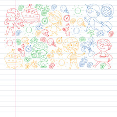 Set of summer icons with children. Kids swim with swimming mask and flippers, inflatable ring, sunbathe on the beach, take photos.