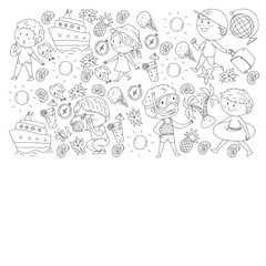 Set of summer icons with children. Kids swim with swimming mask and flippers, inflatable ring, sunbathe on the beach, take photos.