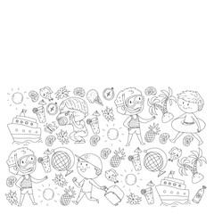 Set of summer icons with children. Kids swim with swimming mask and flippers, inflatable ring, sunbathe on the beach, take photos.