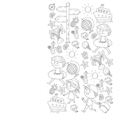 Set of summer icons with children. Kids swim with swimming mask and flippers, inflatable ring, sunbathe on the beach, take photos.