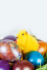 Easter basket with yellow chicken toy decoration