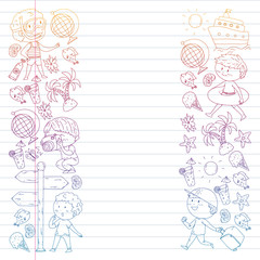 Set of summer icons with children. Kids swim with swimming mask and flippers, inflatable ring, sunbathe on the beach, take photos.