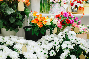 In The Florist Shop Showcase with vases in flower shop. Beautiful spring bouquets. Sale flowers in the store. nature floral background