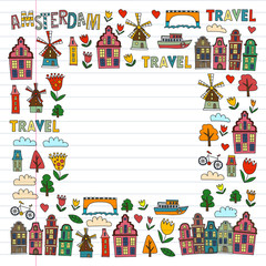 Vector pattern with Holland, Netherlands, Amsterdam icons. Doodle style.