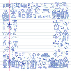 Vector pattern with Holland, Netherlands, Amsterdam icons. Doodle style.