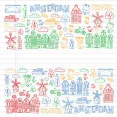 Obraz premium Vector pattern with Holland, Netherlands, Amsterdam icons. Doodle style.