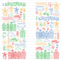 Vector pattern with Holland, Netherlands, Amsterdam icons. Doodle style.