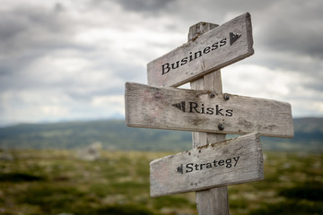 Business, risks and strategy words on wooden signpost outdoors in nature. Quote, corporate and financial concept.