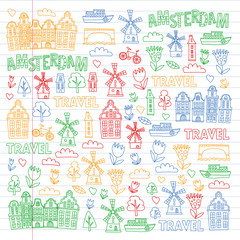 Vector pattern with Holland, Netherlands, Amsterdam icons. Doodle style.