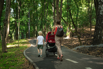 Young mother walking in park with son and baby in stroller. Walk with children. Motherhood concept. Back view
