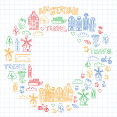 Naklejka premium Vector pattern with Holland, Netherlands, Amsterdam icons. Doodle style.