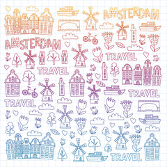 Vector pattern with Holland, Netherlands, Amsterdam icons. Doodle style.