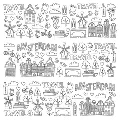 Fototapeta premium Vector pattern with Holland, Netherlands, Amsterdam icons. Doodle style.