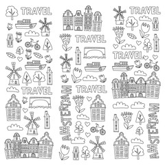 Naklejka premium Vector pattern with Holland, Netherlands, Amsterdam icons. Doodle style.