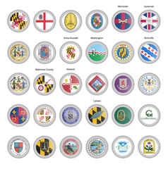 Set of vector icons. Flags and seals of Maryland state, USA.  - obrazy, fototapety, plakaty