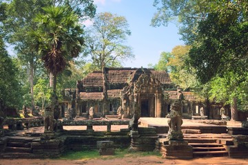 Fototapeta na wymiar Facade and front courtyard of Banteay Kdei temple, located in the ruins of Angkor Wat complex near Siem Reap, Cambodia.