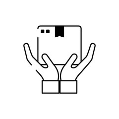 hands with cardboard box cargo delivery line style icon