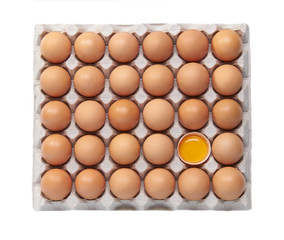 chicken eggs in paper packaging isolated on white background, top view.