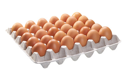 Raw chicken eggs in paper packaging isolated on white background.