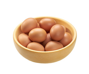 Eggs in wooden bowl isolated on white background.